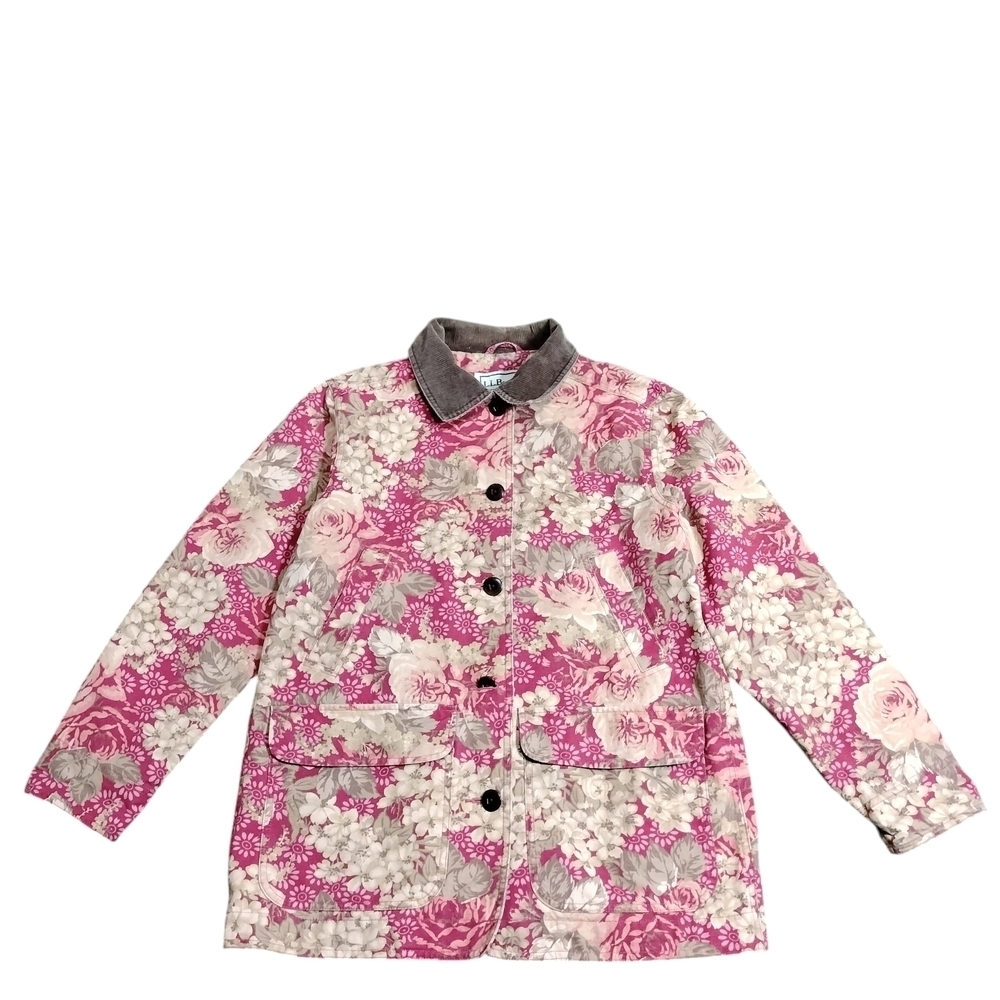 L.L.Bean Pink Floral Chore Field Jacket Corduroy Collar Womens Petite S